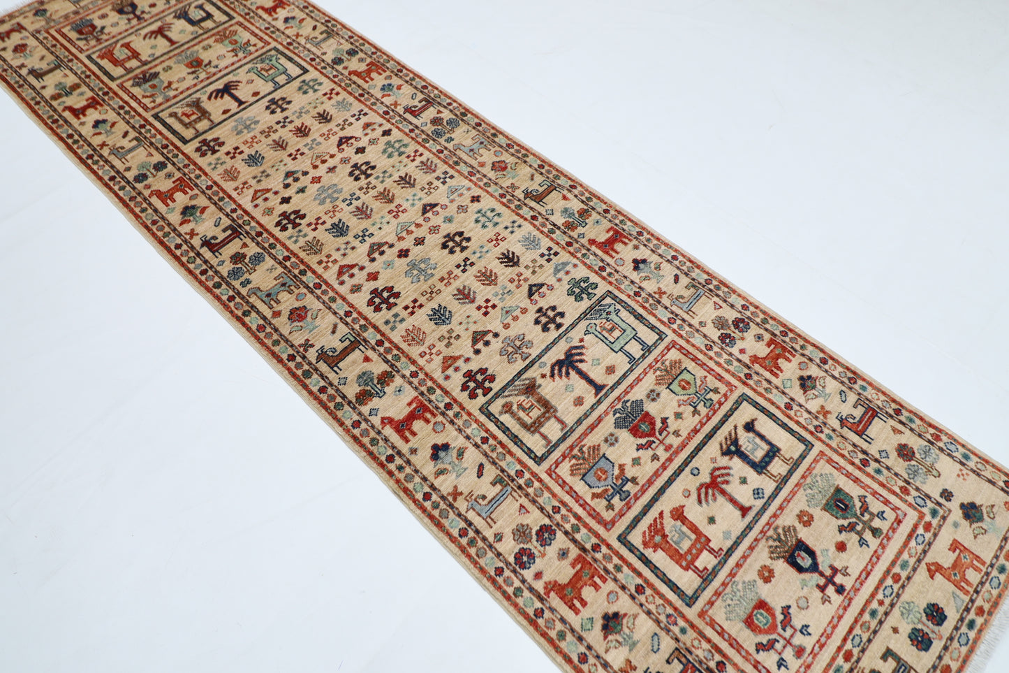 86 x 297 cm | Beige Animal Runner Rug Afghan Hand Knotted veg Dye Wool carpet