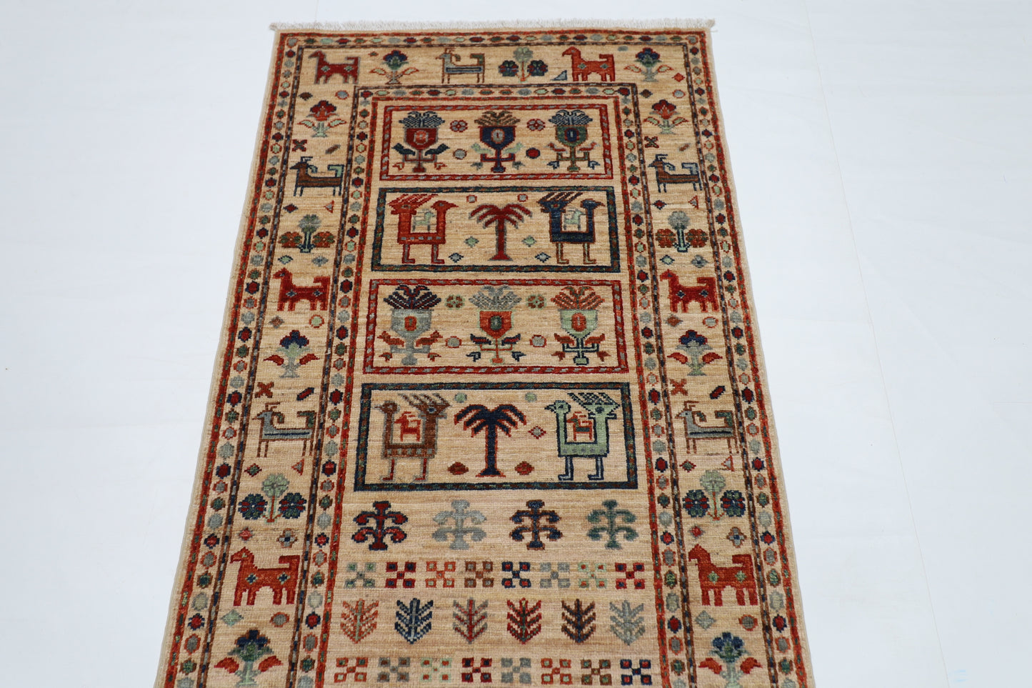 86 x 297 cm | Beige Animal Runner Rug Afghan Hand Knotted veg Dye Wool carpet