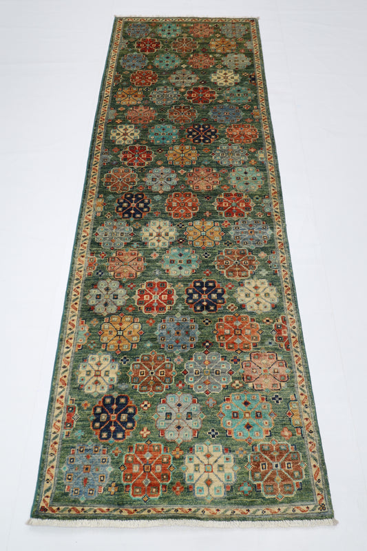 84 x 249 cm | Floral Green Runner Rug Afghan Hand Knotted veg Dye Wool carpet