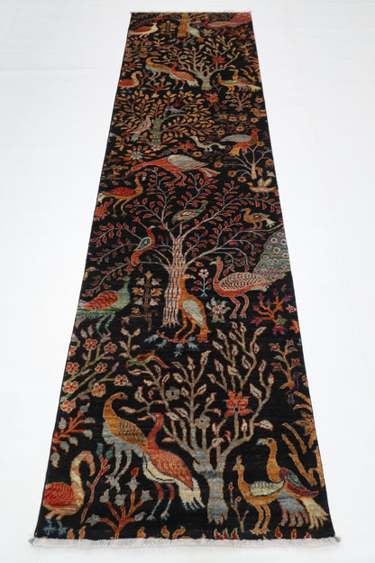 81 x 296 cm | Black Birds Runner Rug Afghan Hand Knotted veg Dye Wool carpet