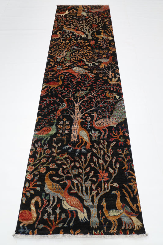 81 x 296 cm | Black Birds Runner Rug Afghan Hand Knotted veg Dye Wool carpet