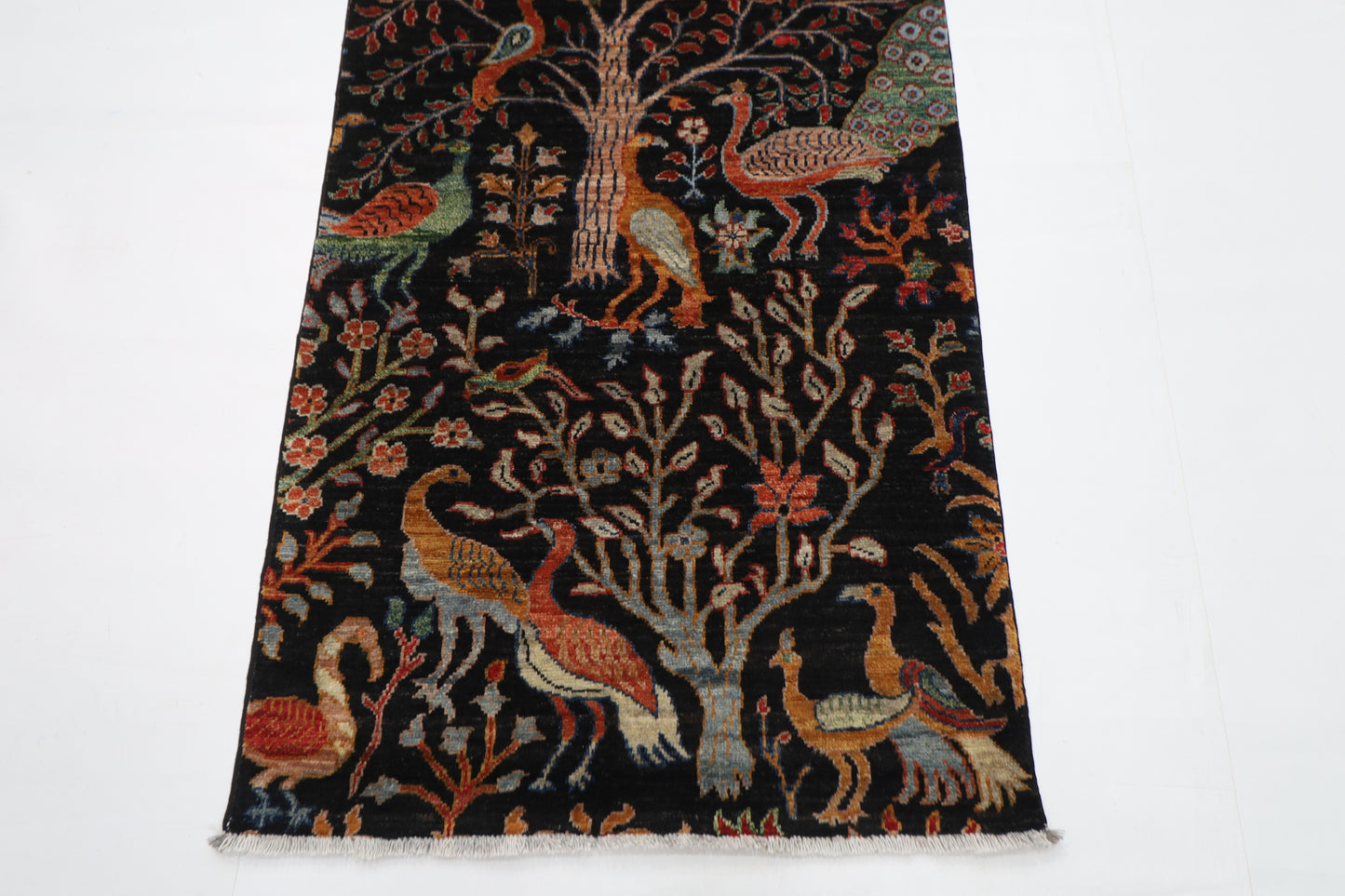 81 x 296 cm | Black Birds Runner Rug Afghan Hand Knotted veg Dye Wool carpet