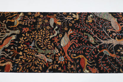 81 x 296 cm | Black Birds Runner Rug Afghan Hand Knotted veg Dye Wool carpet