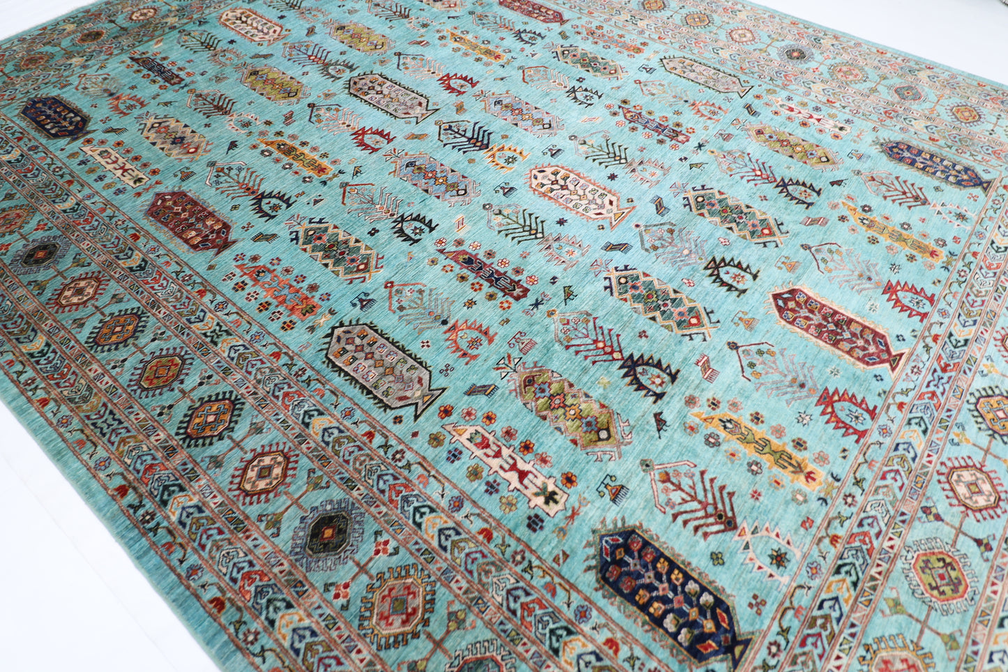 299 x 387 cm | Waziri Turquoise Afghan Tribal Hand Knotted Veg Dye Wool carpet
