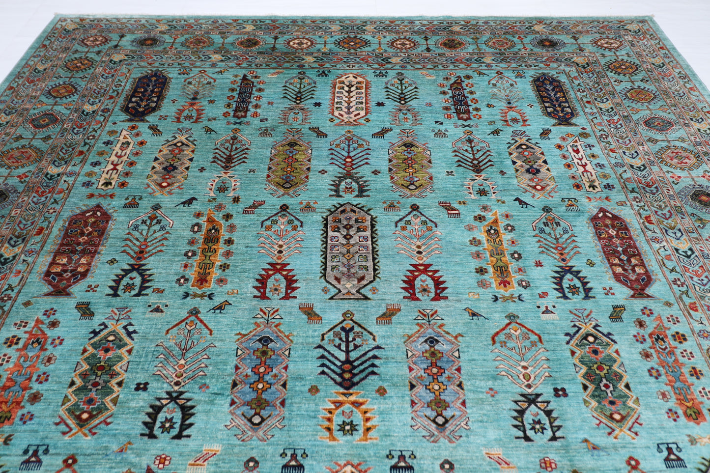 299 x 387 cm | Waziri Turquoise Afghan Tribal Hand Knotted Veg Dye Wool carpet
