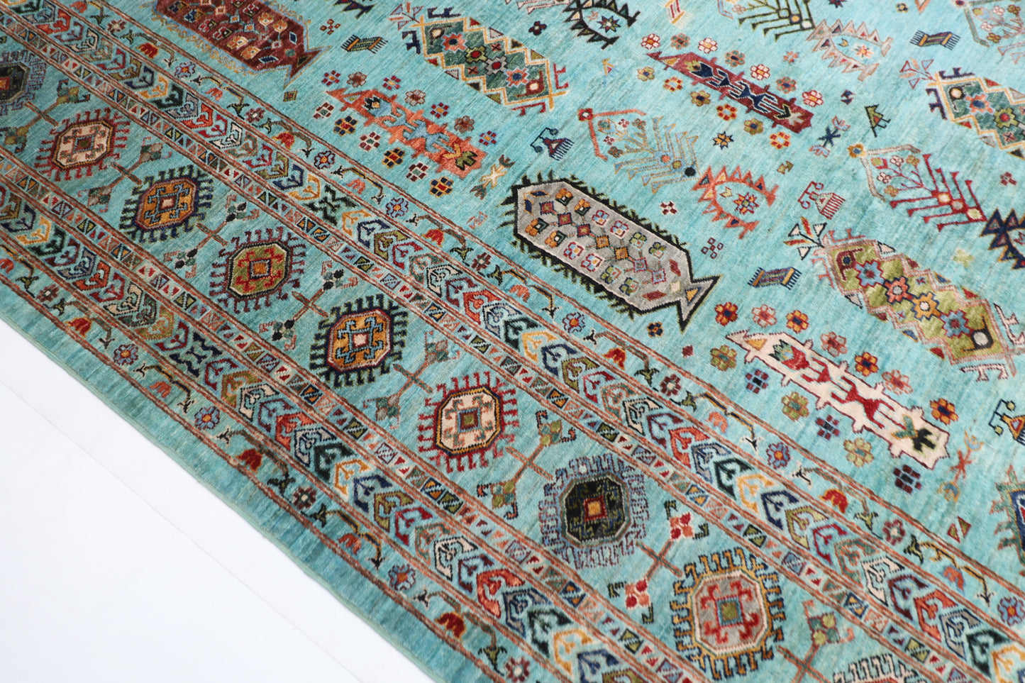 299 x 387 cm | Waziri Turquoise Afghan Tribal Hand Knotted Veg Dye Wool carpet