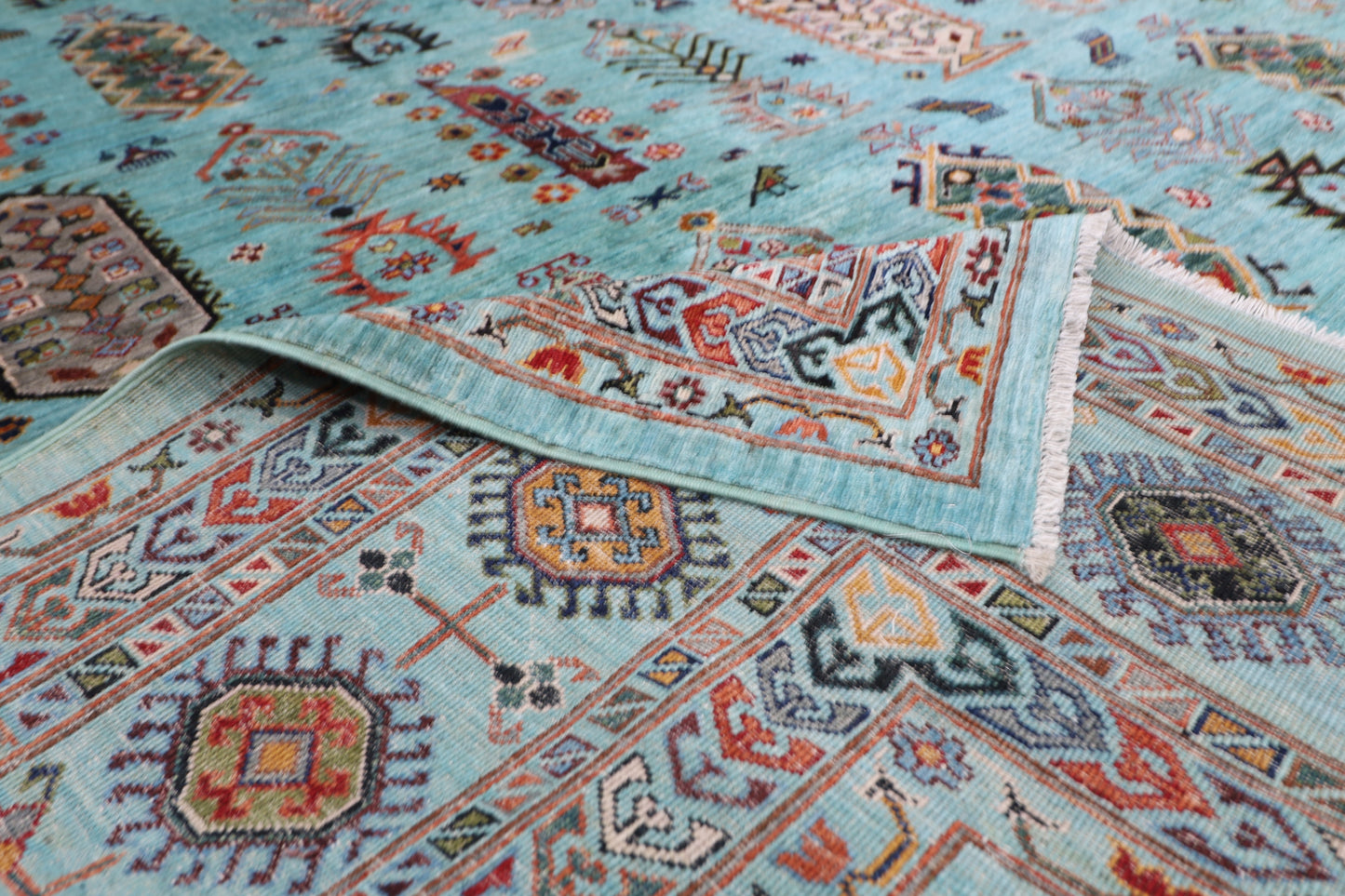 299 x 387 cm | Waziri Turquoise Afghan Tribal Hand Knotted Veg Dye Wool carpet