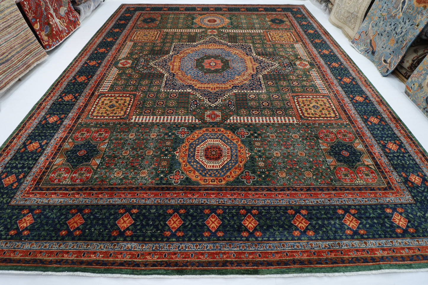368 x 450 cm |  Large Mamluk Green Area Rug Afghan Hand Knotted Veg Dye Wool carpet