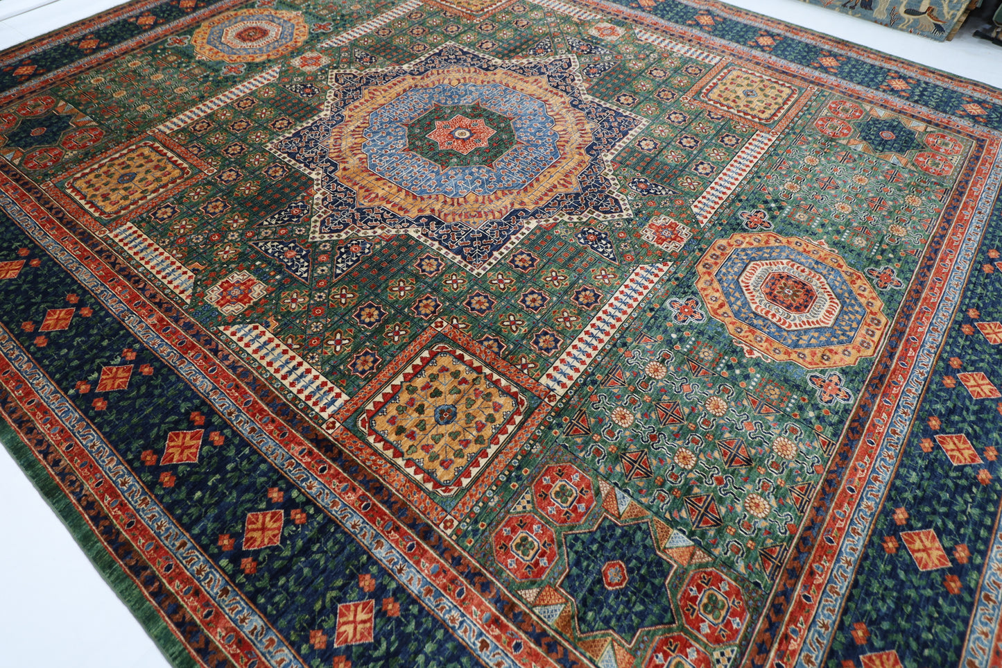 368 x 450 cm |  Large Mamluk Green Area Rug Afghan Hand Knotted Veg Dye Wool carpet