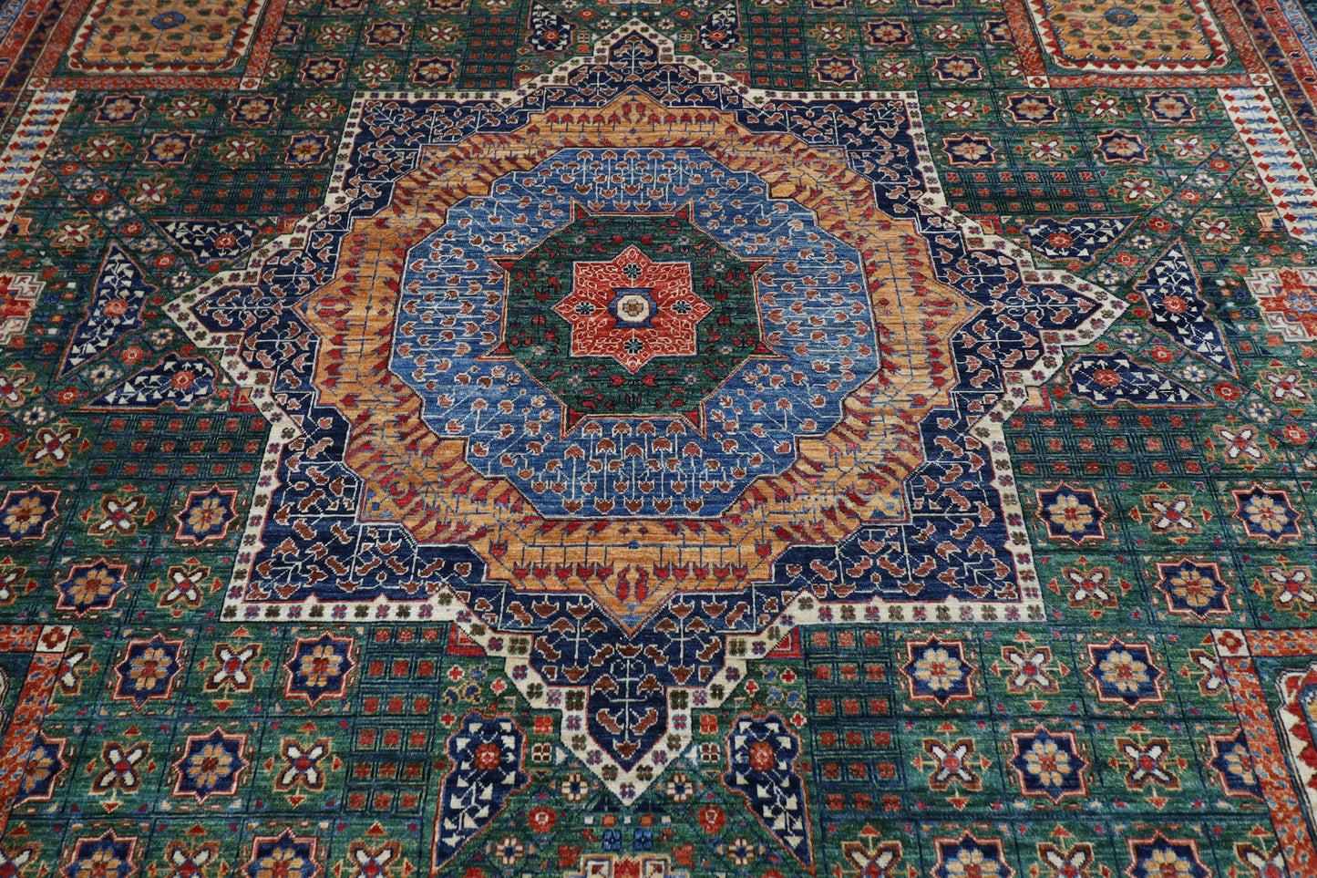368 x 450 cm |  Large Mamluk Green Area Rug Afghan Hand Knotted Veg Dye Wool carpet