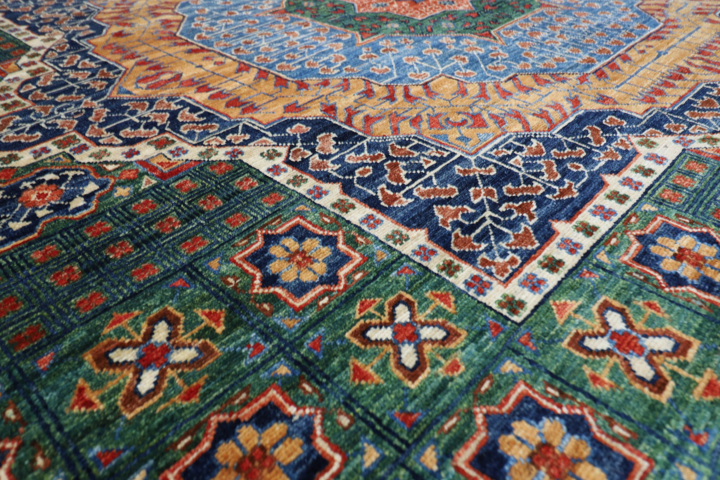 368 x 450 cm |  Large Mamluk Green Area Rug Afghan Hand Knotted Veg Dye Wool carpet
