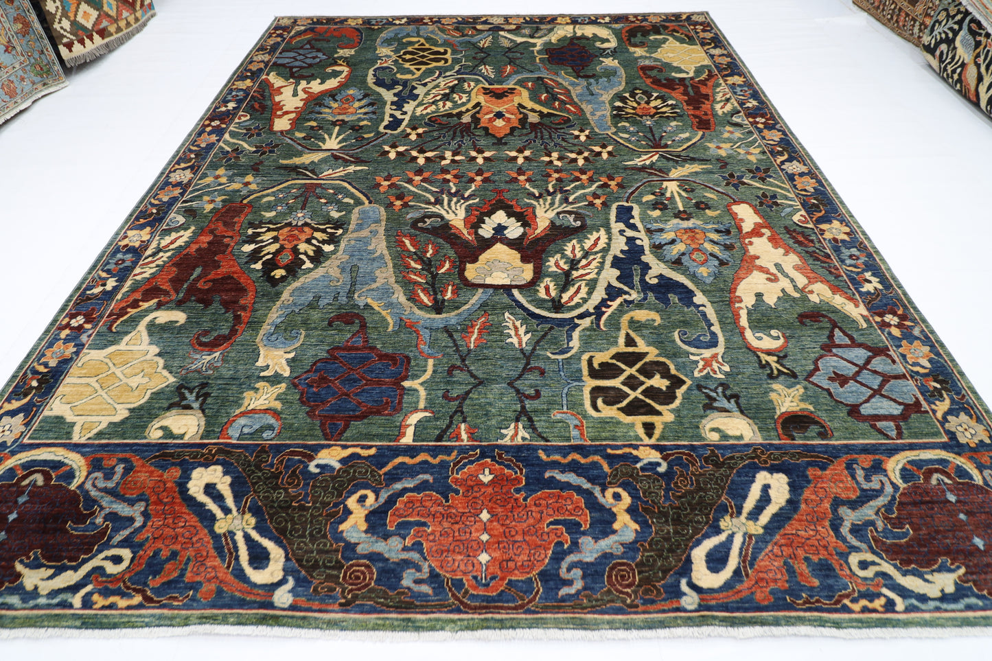 274 x 356 cm | Kawros Green Afghan Tribal Hand Knotted Veg Dye Wool carpet