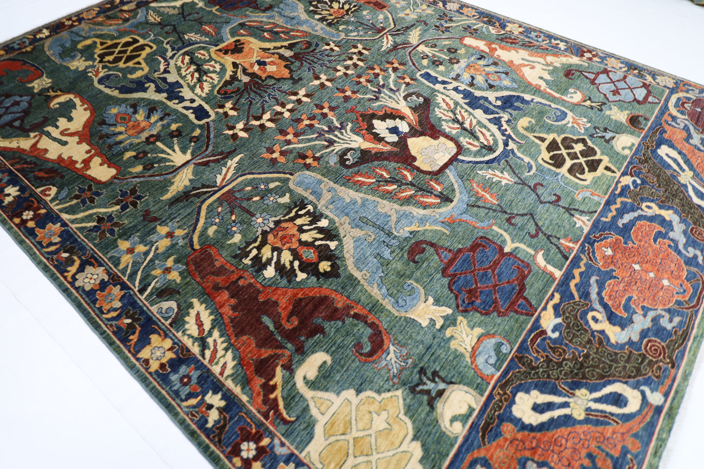 274 x 356 cm | Kawros Green Afghan Tribal Hand Knotted Veg Dye Wool carpet