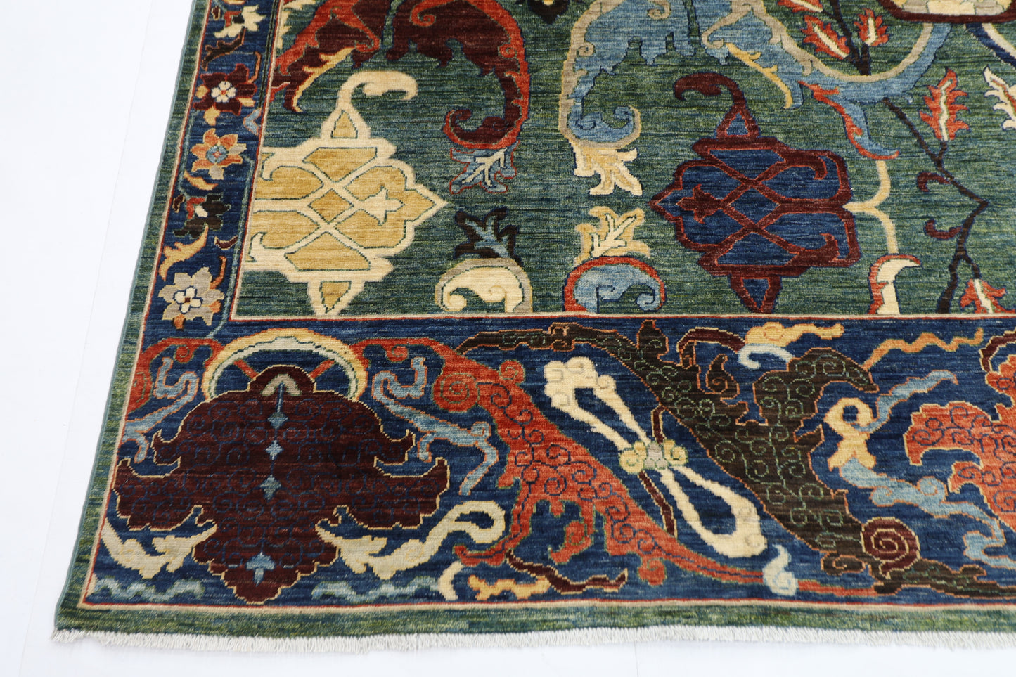 274 x 356 cm | Kawros Green Afghan Tribal Hand Knotted Veg Dye Wool carpet