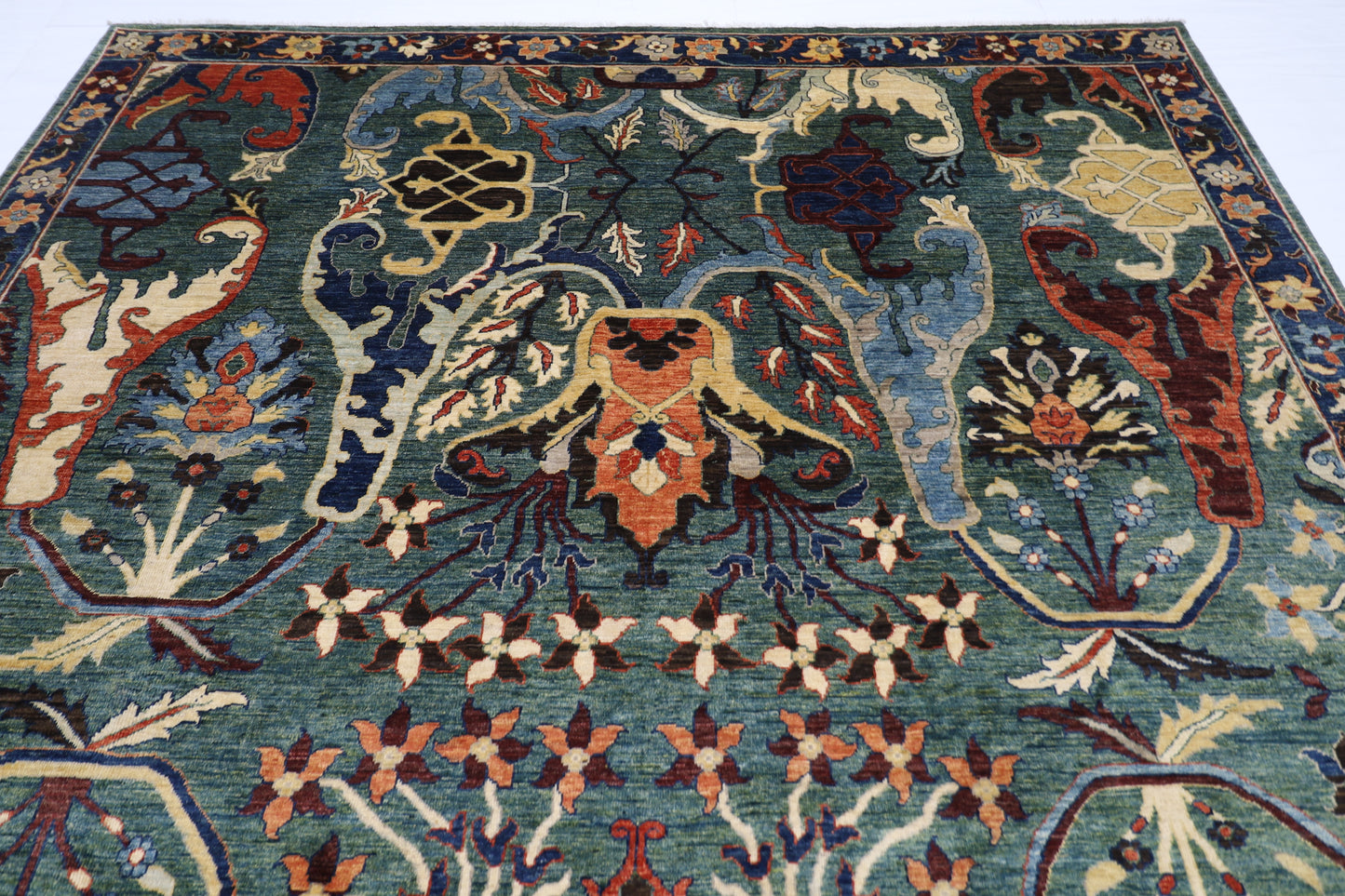 274 x 356 cm | Kawros Green Afghan Tribal Hand Knotted Veg Dye Wool carpet