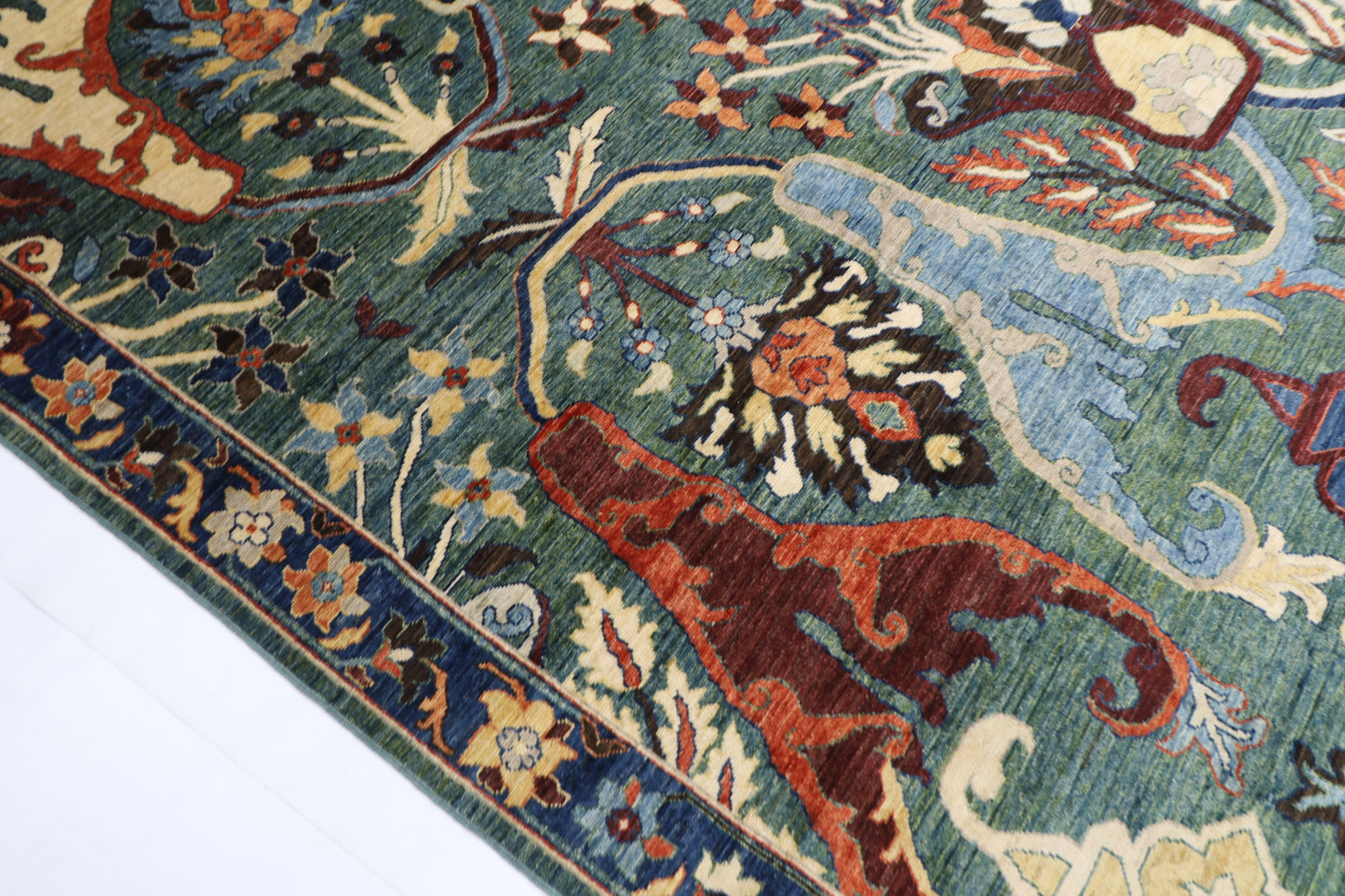 274 x 356 cm | Kawros Green Afghan Tribal Hand Knotted Veg Dye Wool carpet