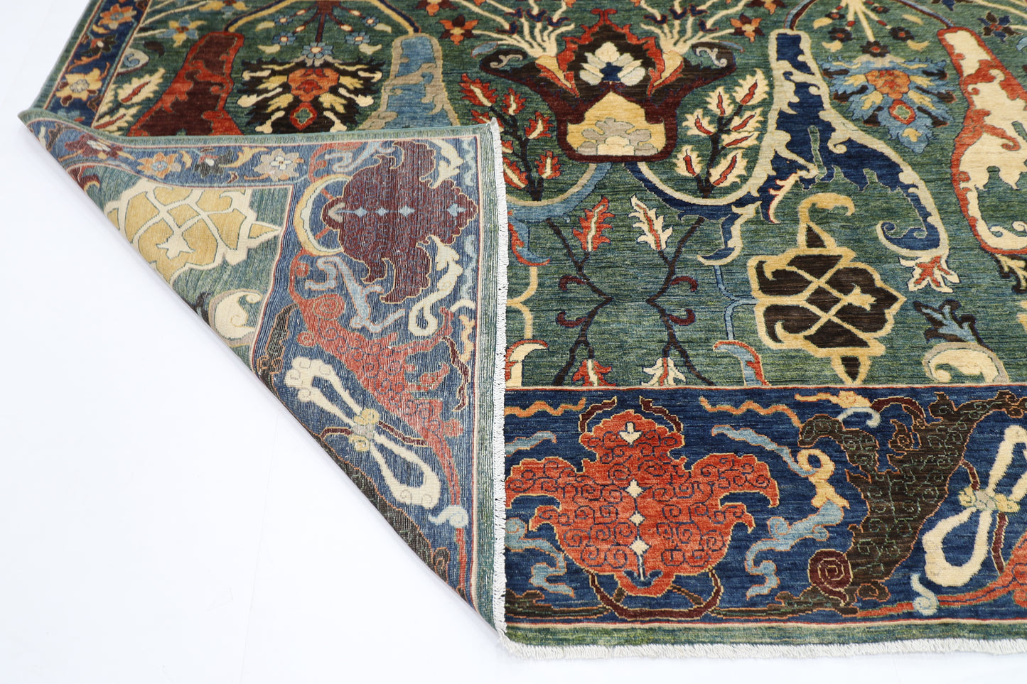 274 x 356 cm | Kawros Green Afghan Tribal Hand Knotted Veg Dye Wool carpet