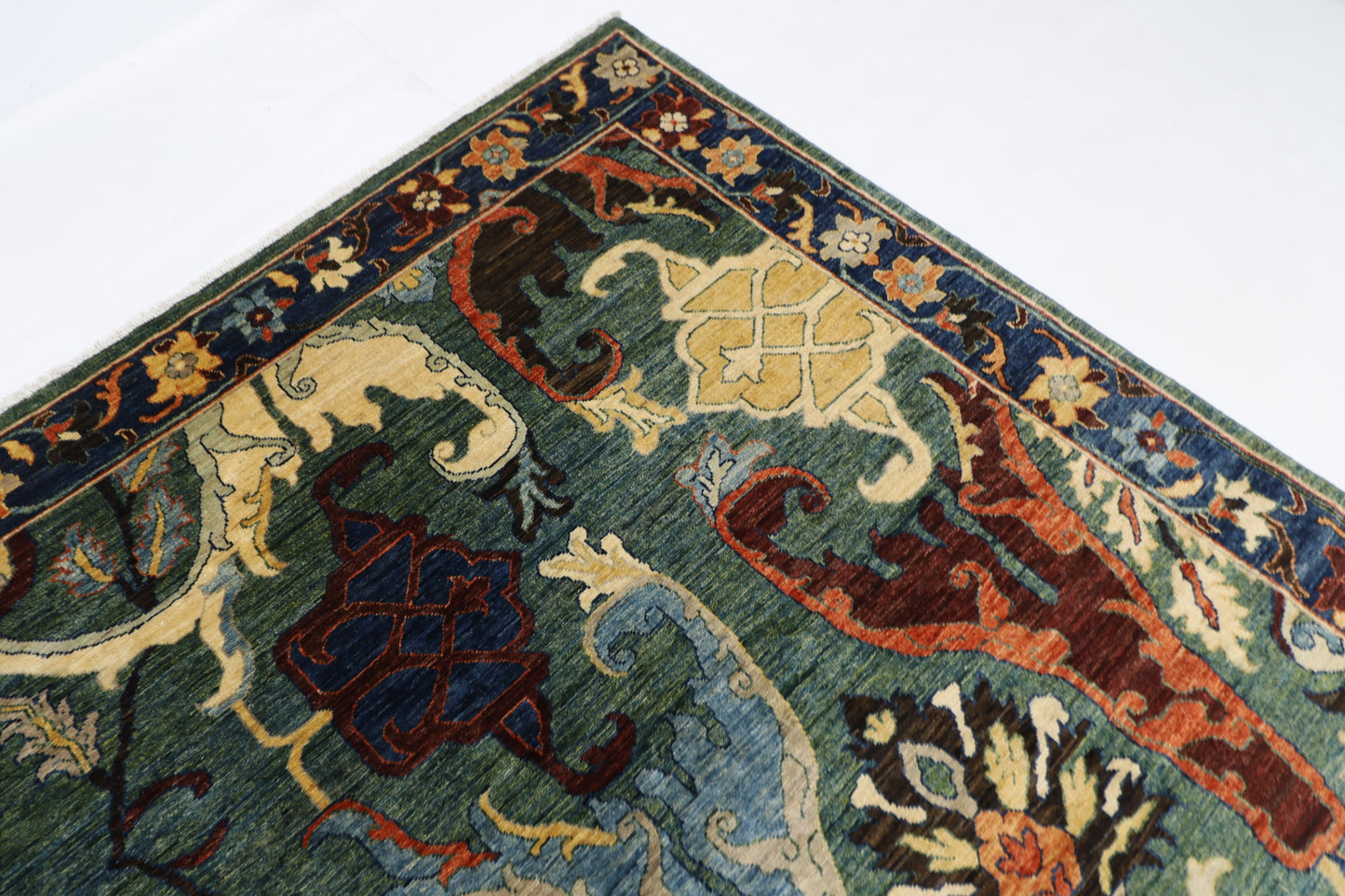 274 x 356 cm | Kawros Green Afghan Tribal Hand Knotted Veg Dye Wool carpet