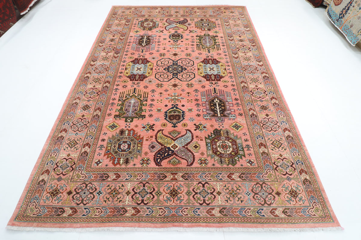205 x 296 cm | Waziri Pink Design Hand Knotted Veg Dye Wool Afghan Carpet