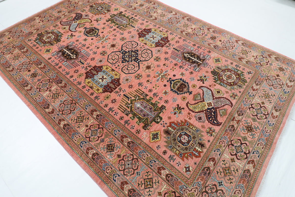 205 x 296 cm | Waziri Pink Design Hand Knotted Veg Dye Wool Afghan Carpet