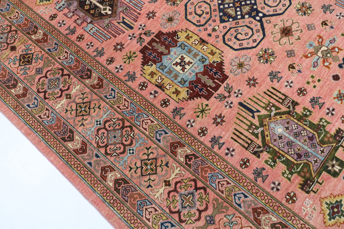 205 x 296 cm | Waziri Pink Design Hand Knotted Veg Dye Wool Afghan Carpet
