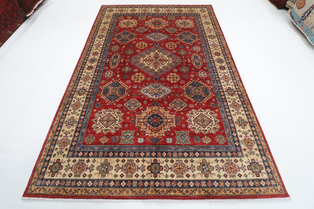 198 x 296 cm | Kazak Red Design Hand Knotted Veg Dye Wool Afghan Carpet