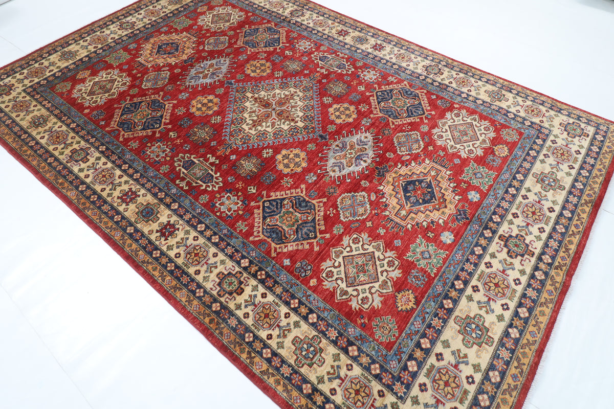 198 x 296 cm | Kazak Red Design Hand Knotted Veg Dye Wool Afghan Carpet
