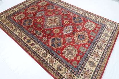 198 x 296 cm | Kazak Red Design Hand Knotted Veg Dye Wool Afghan Carpet