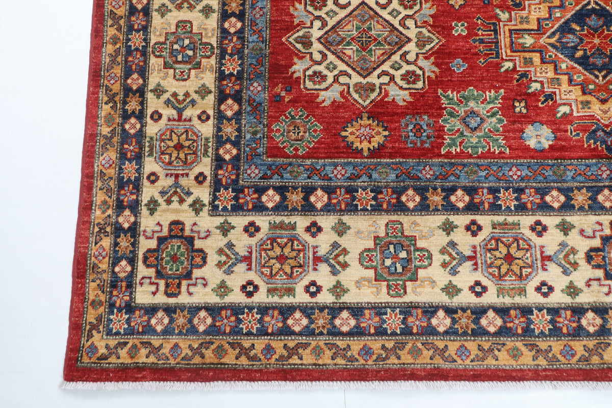 198 x 296 cm | Kazak Red Design Hand Knotted Veg Dye Wool Afghan Carpet