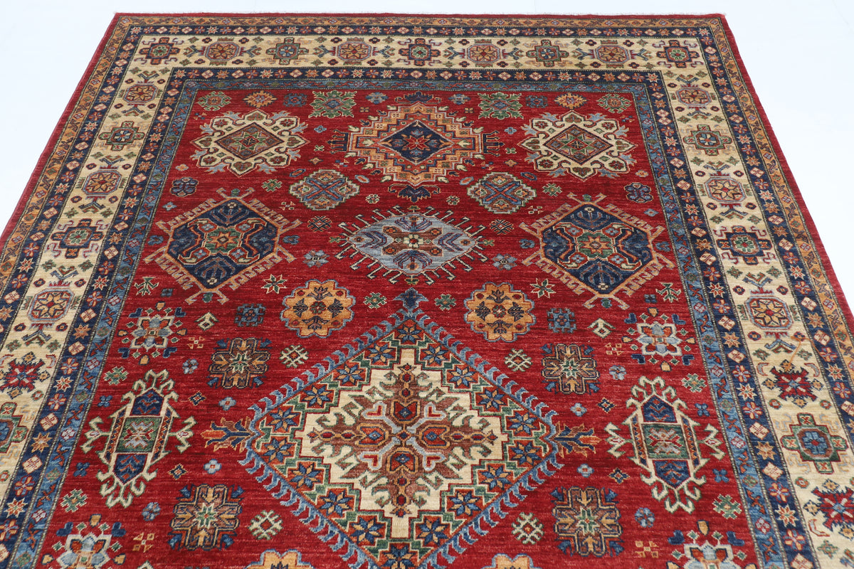 198 x 296 cm | Kazak Red Design Hand Knotted Veg Dye Wool Afghan Carpet