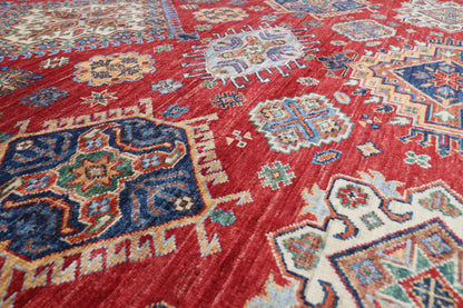198 x 296 cm | Kazak Red Design Hand Knotted Veg Dye Wool Afghan Carpet