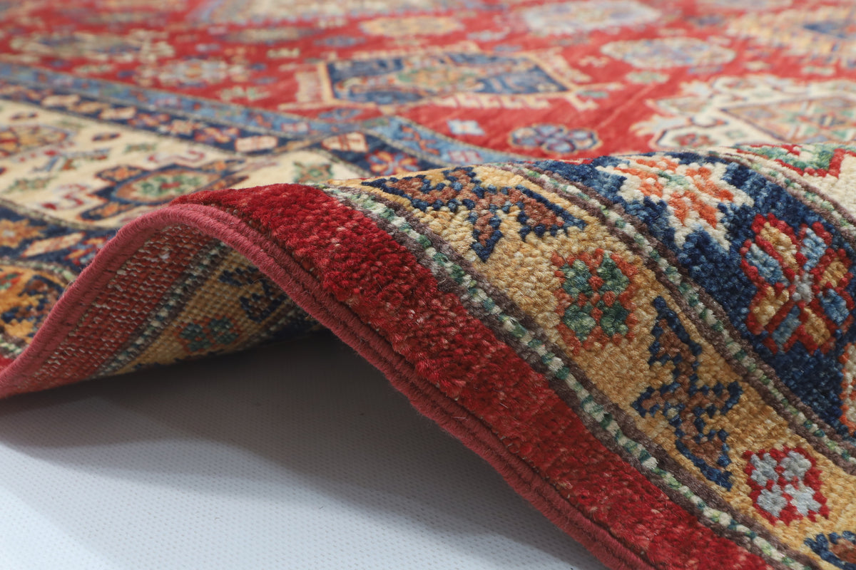 198 x 296 cm | Kazak Red Design Hand Knotted Veg Dye Wool Afghan Carpet