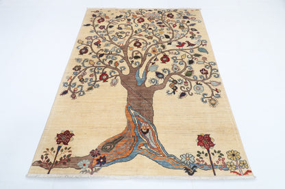 153 x 204 cm | Tree of life Design Hand Knotted Veg Dye Wool Afghan Carpet
