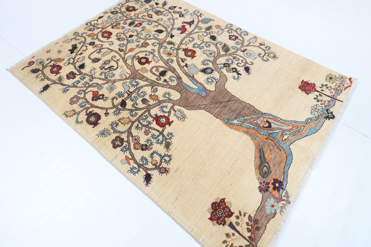 153 x 204 cm | Tree of life Design Hand Knotted Veg Dye Wool Afghan Carpet