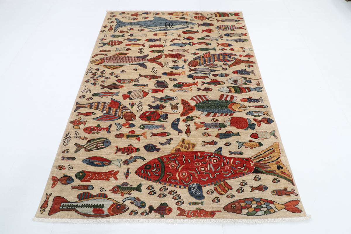 151 x 209 cm | Fish Design Hand Knotted Veg Dye Wool Afghan Carpet