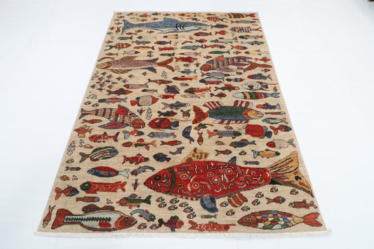 151 x 209 cm | Fish Design Hand Knotted Veg Dye Wool Afghan Carpet