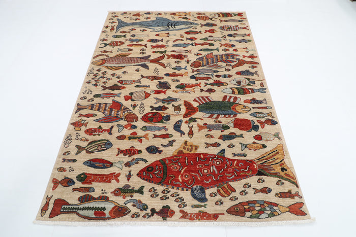151 x 209 cm | Fish Design Hand Knotted Veg Dye Wool Afghan Carpet