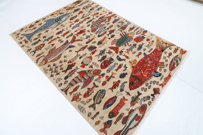 151 x 209 cm | Fish Design Hand Knotted Veg Dye Wool Afghan Carpet