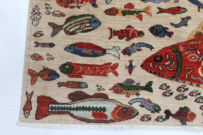 151 x 209 cm | Fish Design Hand Knotted Veg Dye Wool Afghan Carpet