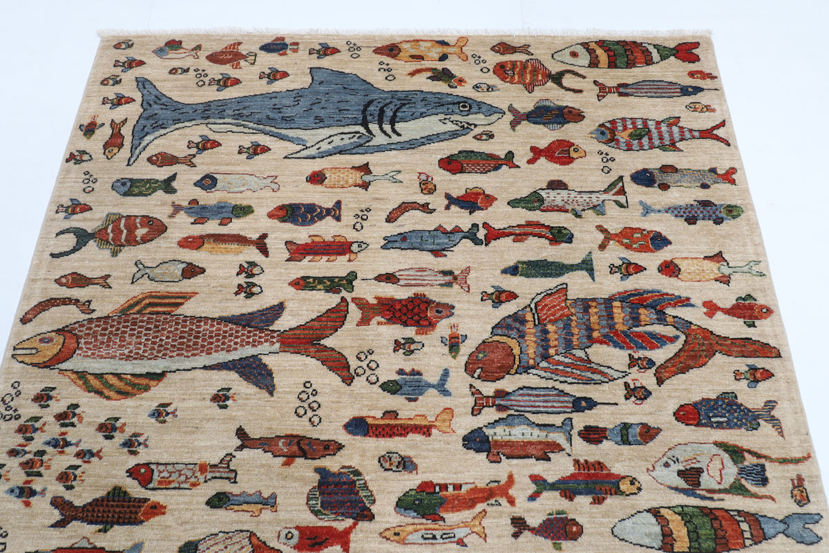 151 x 209 cm | Fish Design Hand Knotted Veg Dye Wool Afghan Carpet