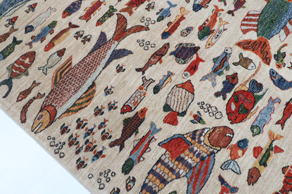 151 x 209 cm | Fish Design Hand Knotted Veg Dye Wool Afghan Carpet