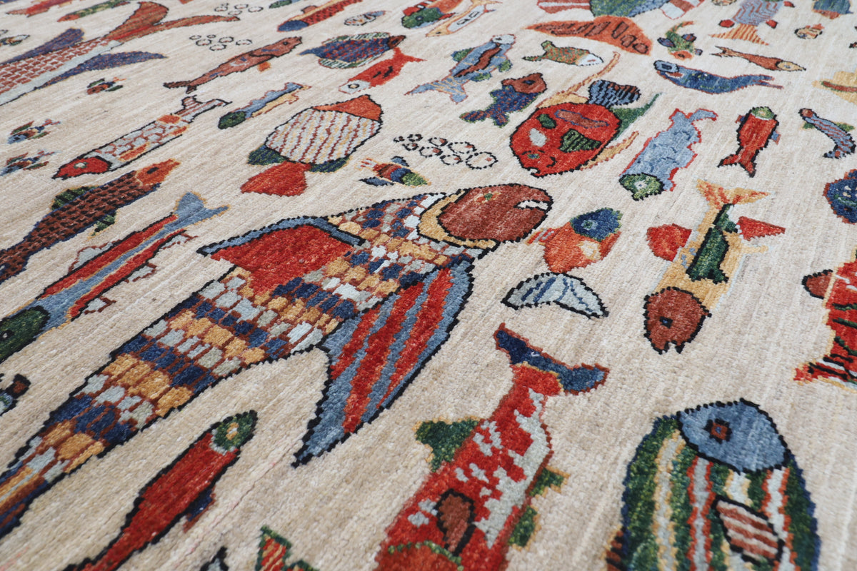 151 x 209 cm | Fish Design Hand Knotted Veg Dye Wool Afghan Carpet