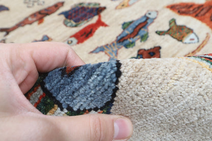 151 x 209 cm | Fish Design Hand Knotted Veg Dye Wool Afghan Carpet