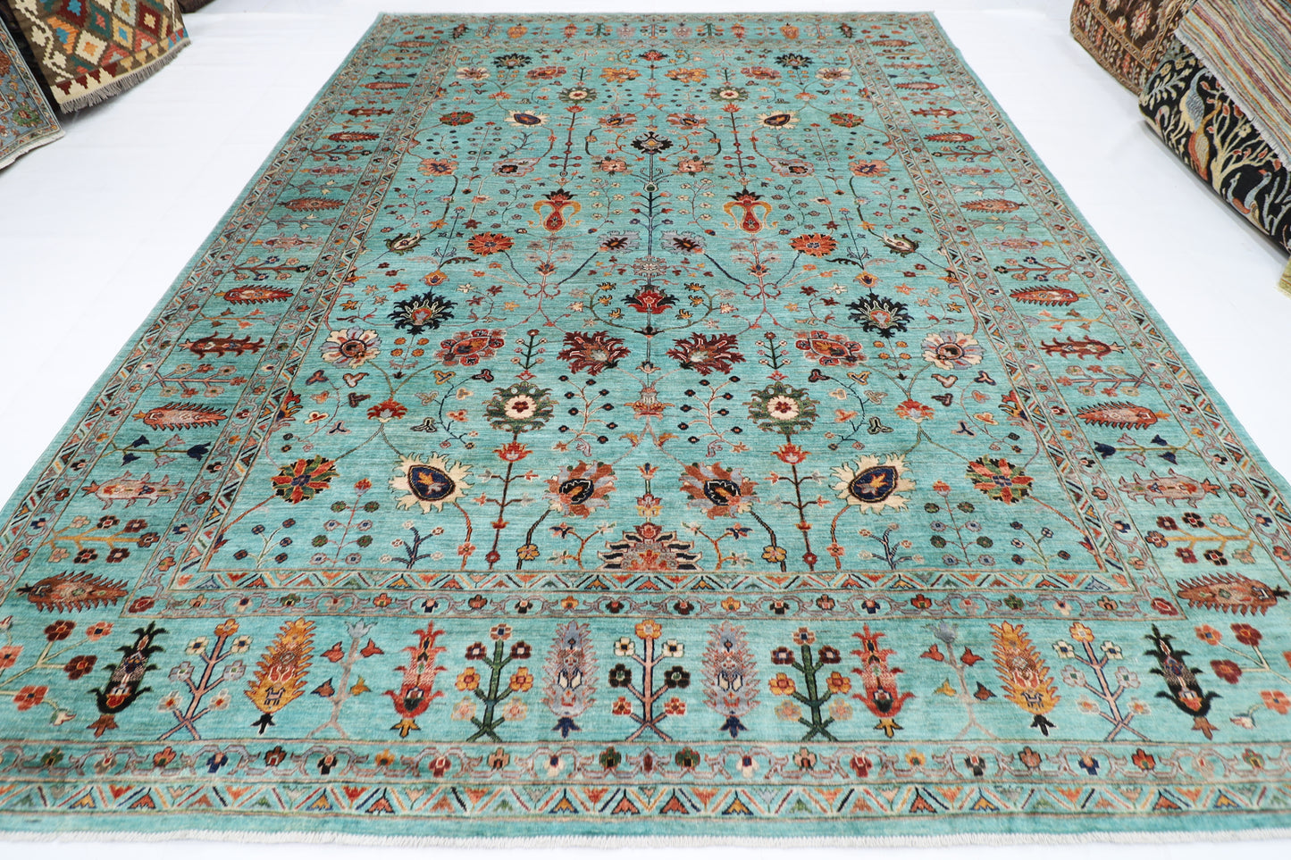 301 x 393 cm | Sultani Turquoise Afghan Tribal Hand Knotted Veg Dye Wool carpet
