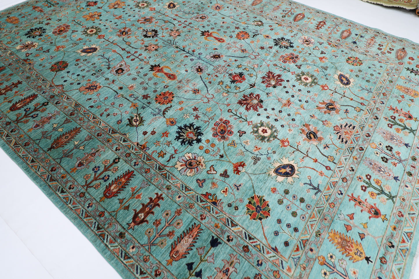 301 x 393 cm | Sultani Turquoise Afghan Tribal Hand Knotted Veg Dye Wool carpet