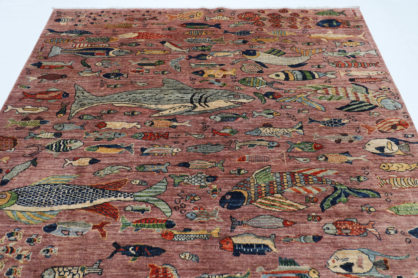 202 x 293 cm | Oriental Fish Pink Area Rug Afghan Hand Knotted Veg Dye Wool carpet