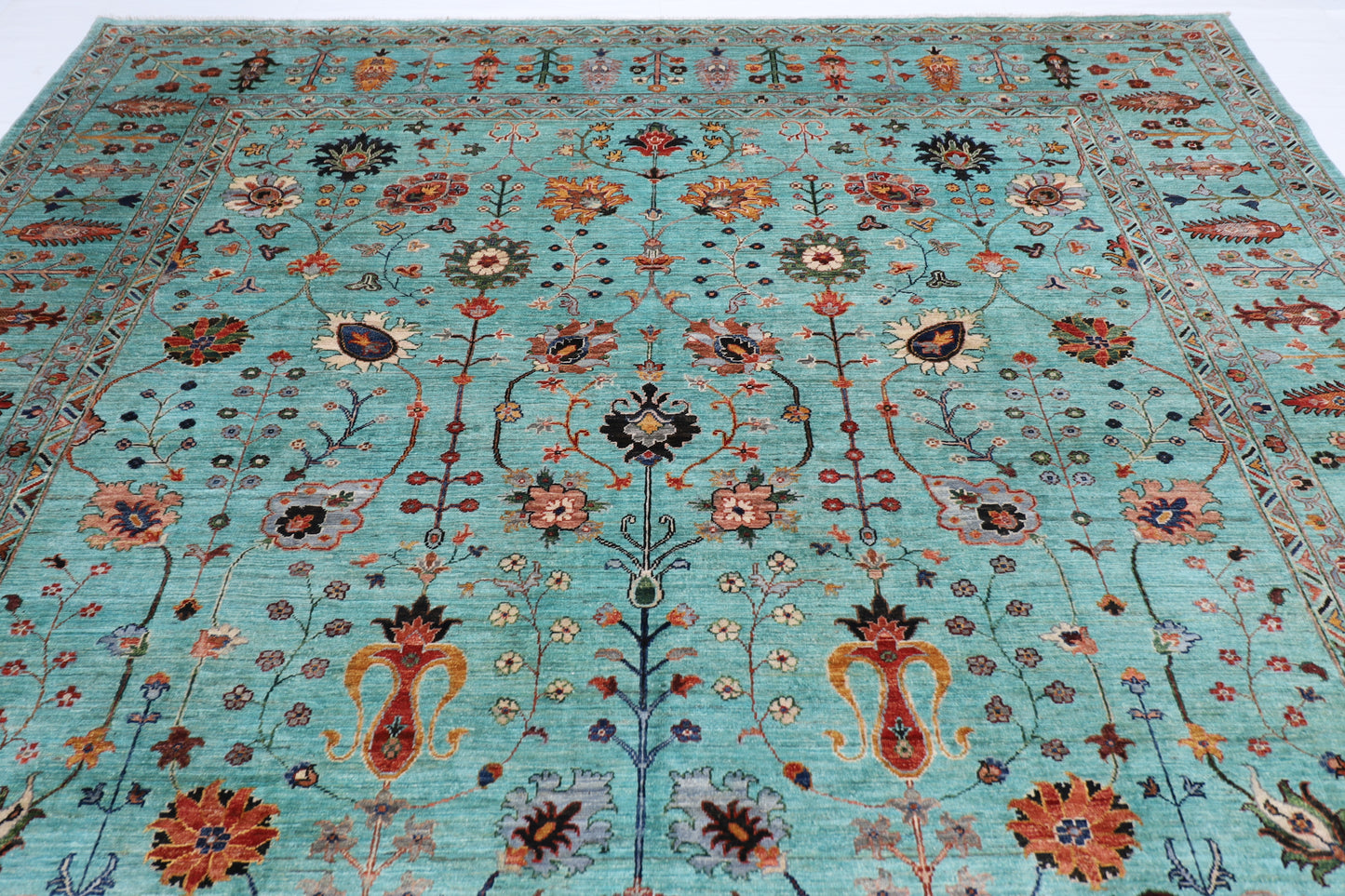 301 x 393 cm | Sultani Turquoise Afghan Tribal Hand Knotted Veg Dye Wool carpet