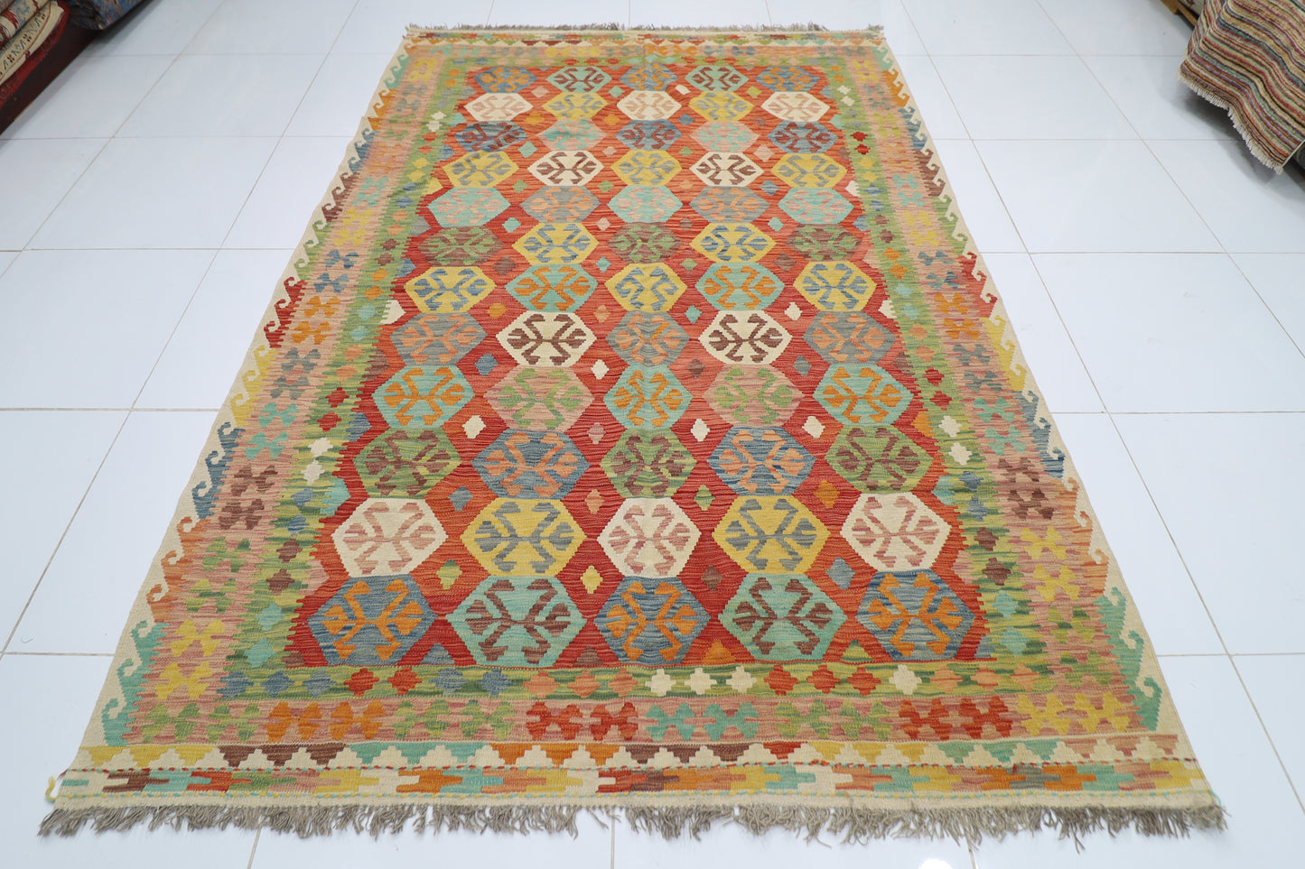 204 x 286 cm | Multicolor Wool Kilim Area Traditional Hand Woven Oriental Carpet