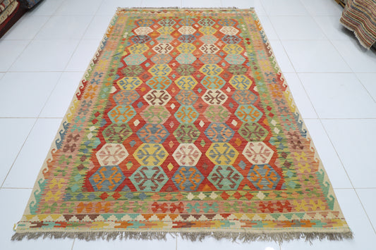 204 x 286 cm | Multicolor Wool Kilim Area Traditional Hand Woven Oriental Carpet