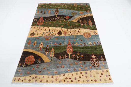 147 x 202 cm | Landscape Design Hand Knotted Veg Dye Wool Afghan Carpet